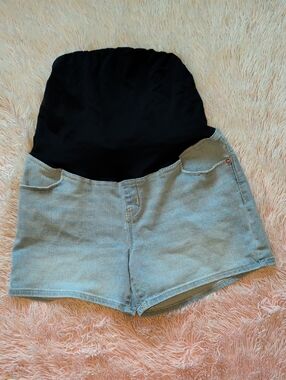 Maternity Denim-Style Shorts in Light Blue with Black Support Panel